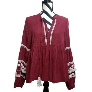 Anthropologie Vinette Bahl Boho Nisha Pom Pom Peasant Peplum Top
